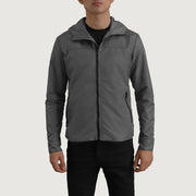 
细节特写 of Classic Collar & Zipper With Inside Wind Flap. Hardware on Wesley Grey Hooded Windbreaker 真皮夹克 男士