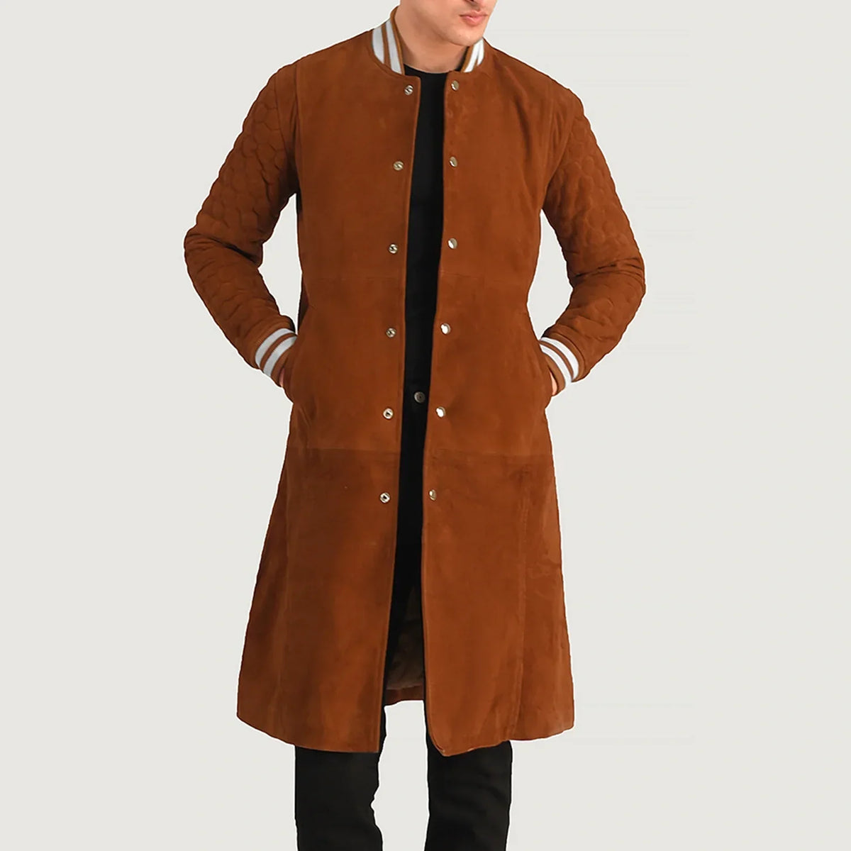Wilde 棕色 Suede Varsity 真皮大衣 男士 in Tan Bown Goatskin Suede - Front Profile View &amp; Tailored Silhouette | Buy Online