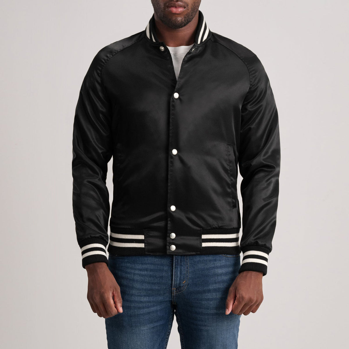 Xander 黑色 Varsity 真皮夹克 男士 in Black Satin - Front Profile View &amp; Tailored Silhouette | Buy Online