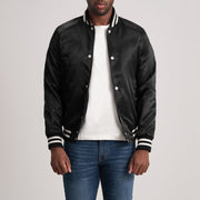 Xander 黑色 Varsity 真皮夹克 男士 - Lateral Side Profile View Showing Sleeve Cut &amp; Athletic Taper Fit
