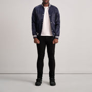 Close-Up Detail of Varsity &amp; Button Hardware on Xander Blue Varsity 真皮夹克 男士