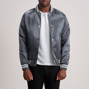 Xander Grey Varsity 真皮夹克 男士 - Lateral Side Profile View Showing Sleeve Cut &amp; Athletic Taper Fit