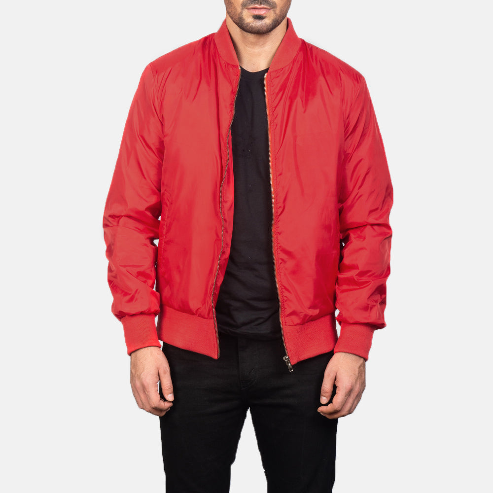 Men's Zack Red 真皮飞行员夹克 男士 in Red Nylon - Front Profile View &amp; Tailored Silhouette | Buy Online