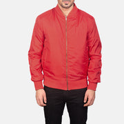 Close-Up Detail of Varsity &amp; Zipper Hardware on Men's Zack Red 真皮飞行员夹克 男士