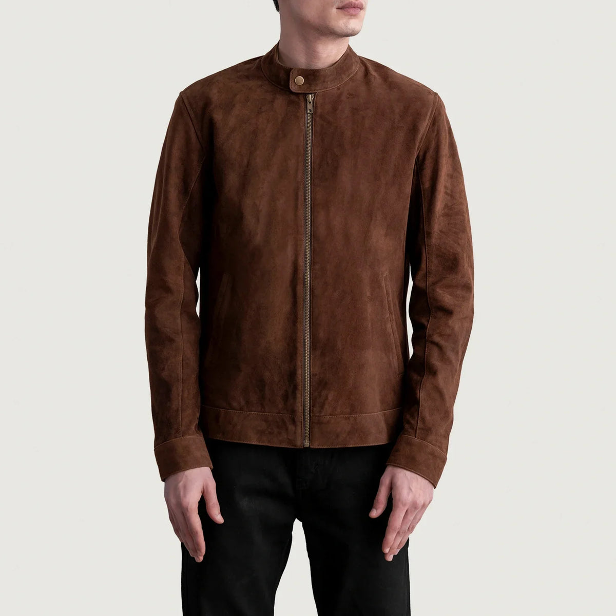 Zen 棕色 Suede 真皮机车夹克 男士 - Lateral Side Profile View Showing Sleeve Cut &amp; Athletic Taper Fit
