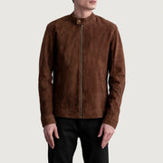 Zen 棕色 Suede 真皮机车夹克 男士 - Lateral Side Profile View Showing Sleeve Cut &amp; Athletic Taper Fit