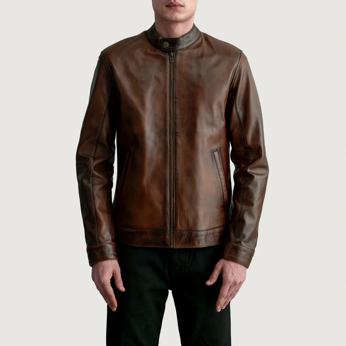 Zen Distressed 棕色 真皮机车夹克 男士 - Lateral Side Profile View Showing Sleeve Cut &amp; Athletic Taper Fit