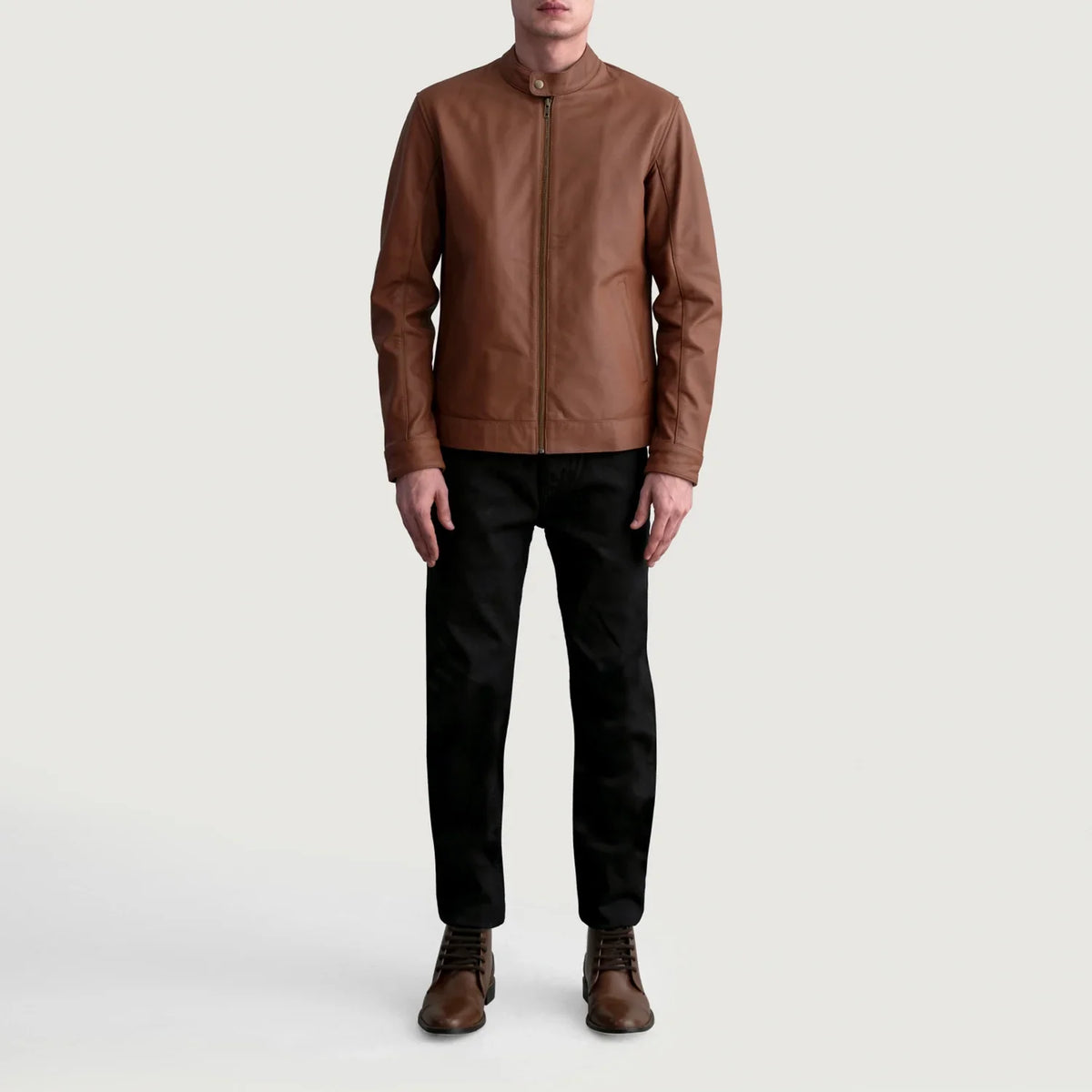 Close-Up Detail of Snap Button & Zipper Hardware on Zen Matte Brown Leather Biker Jacket