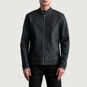 Zen Tumbled 黑色 真皮机车夹克 男士 in Tumbled Black Sheepskin Leather - Front Profile View &amp; Tailored Silhouette | Buy Online
