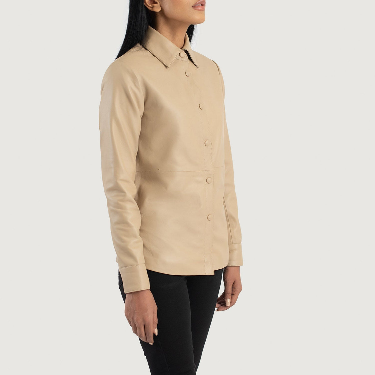 Beige Sheepskin Leather Biker Jacket - Back View Showing Tailored Shoulder Fit & Clean Hemline